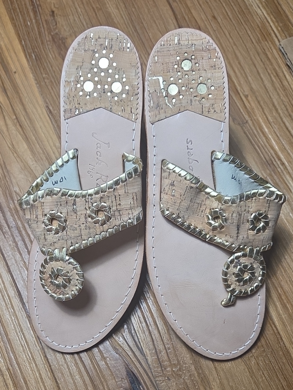 Jack Rogers Cork-Trim Thong Sandals in Light Beige with Gold Accents